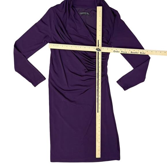David Meister Ruched Asymmetrical Purple Faux Wrap Long Sleeve Sheath Dress sz 4 - Picture 4 of 12